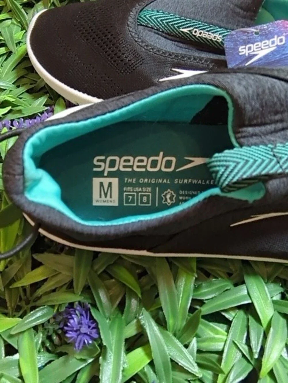 Speedo Women's Black Slip-On Aqua Water Shoes with Teal Interior